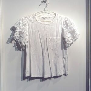 Anthropologie White Eyelet Sleeve Pocket Tee